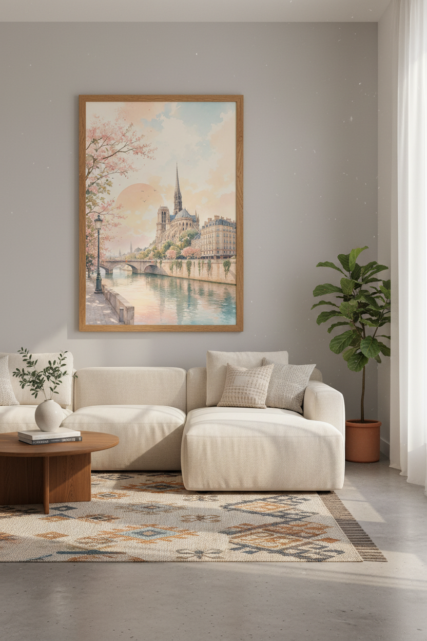 Notre Dame Paris Watercolor Art | Pastel Cherry Blossom Poster, Living Room Wall Decor