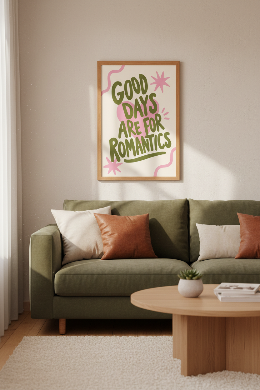 Good Days For Romantics Wall Art | Pink Sage Green Decor | Retro Aesthetic Poster