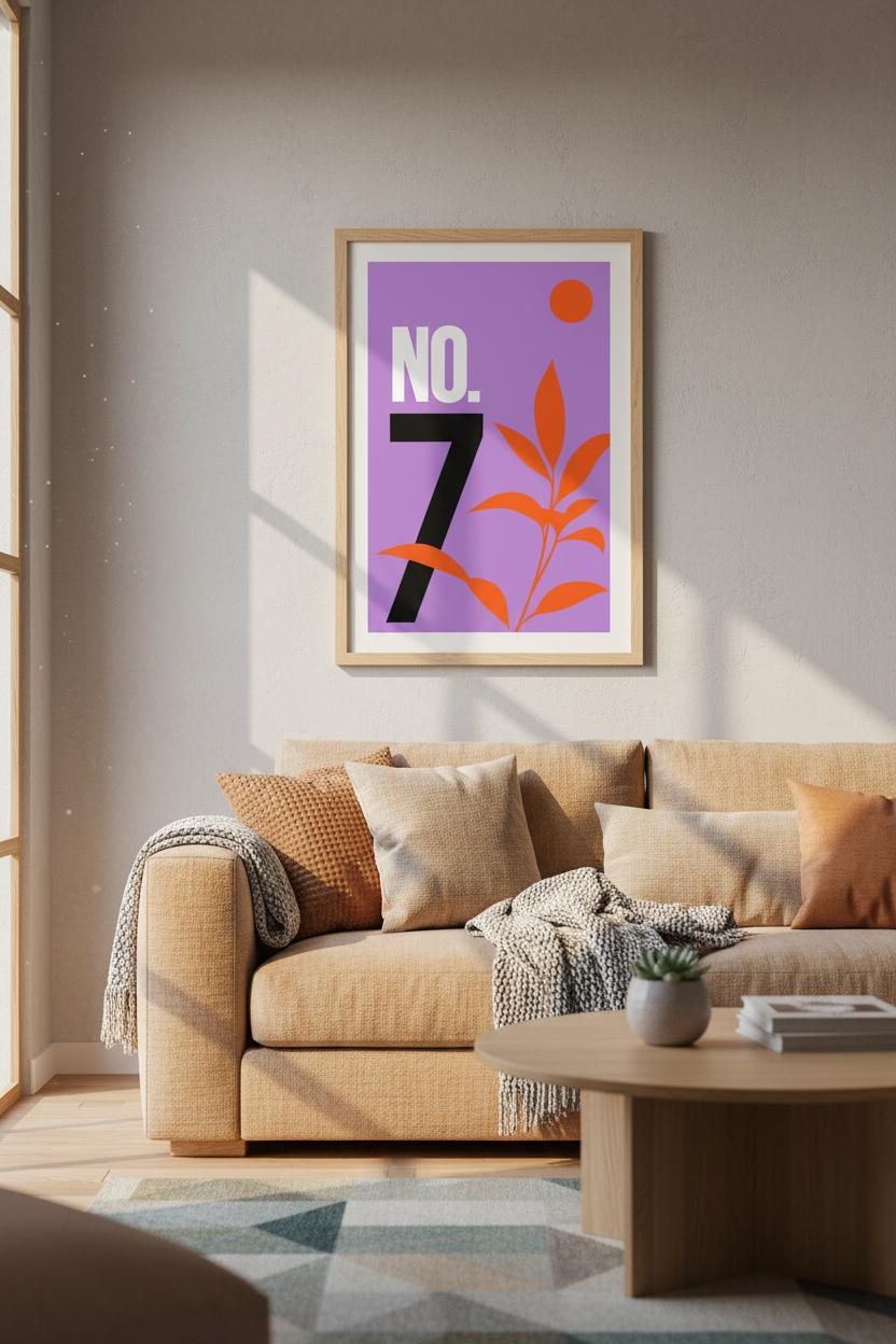 Modern Number 7 Wall Art Print | Purple Orange Botanical Decor | Minimalist Poster