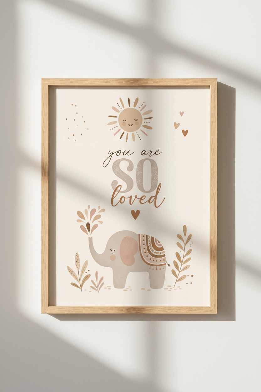 Boho Elephant You Are So Loved Wall Art | Neutral Nursery Decor | Earthy Kids Poster