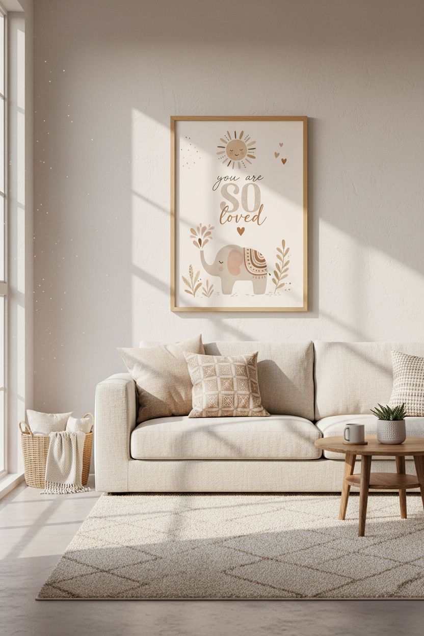 Boho Elephant You Are So Loved Wall Art | Neutral Nursery Decor | Earthy Kids Poster