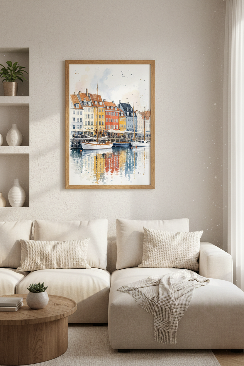 Copenhagen Nyhavn Harbor Watercolor | Travel Poster, Scandinavian Wall Art