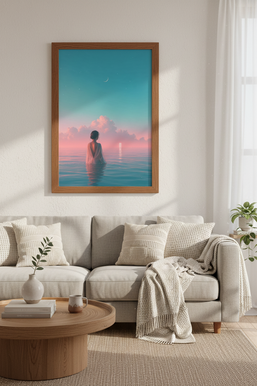 Ethereal Woman in Ocean Sunset | Surreal Pastel Pink & Teal, Dreamy Bedroom Decor