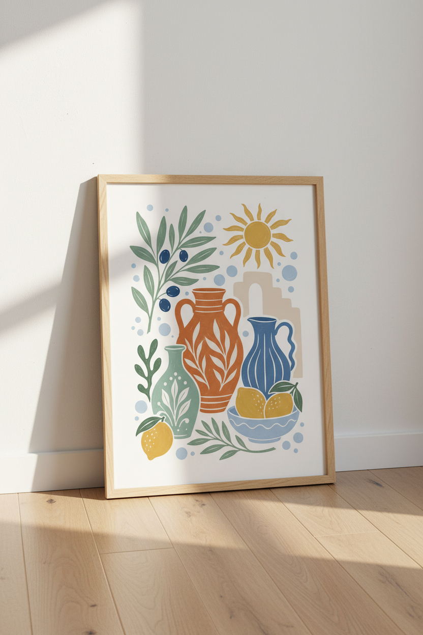 Mediterranean Pottery | Lemon & Olive Branch Print, Boho Kitchen Wall Art