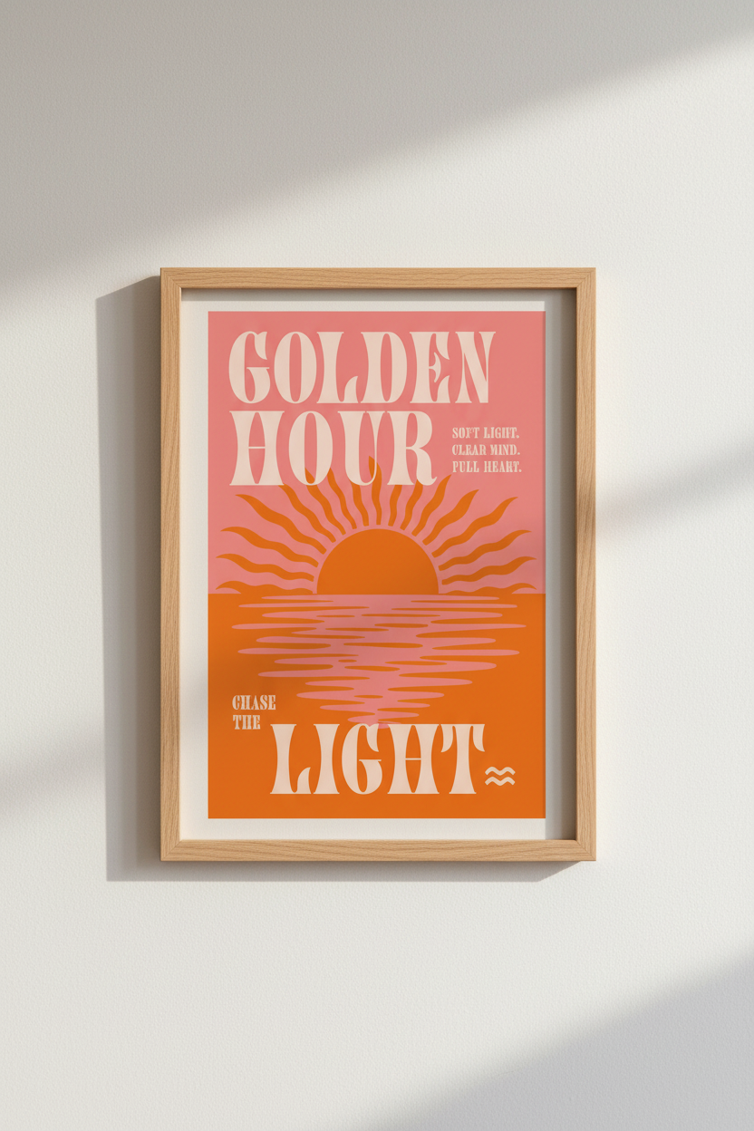 Golden Hour Retro Sunset Wall Art | Pink & Orange Modern Decor | Boho Typography Poster