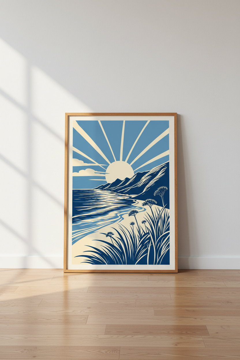 Beach Sunset Wall Art | Blue Coastal Landscape Print, Minimalist Modern Room Decor