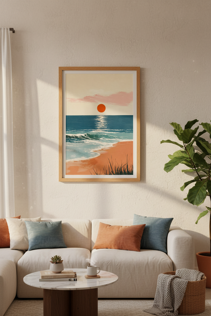 Abstract Sunset Beach Wall Art | Teal & Orange Coastal Decor | Minimalist Ocean Poster