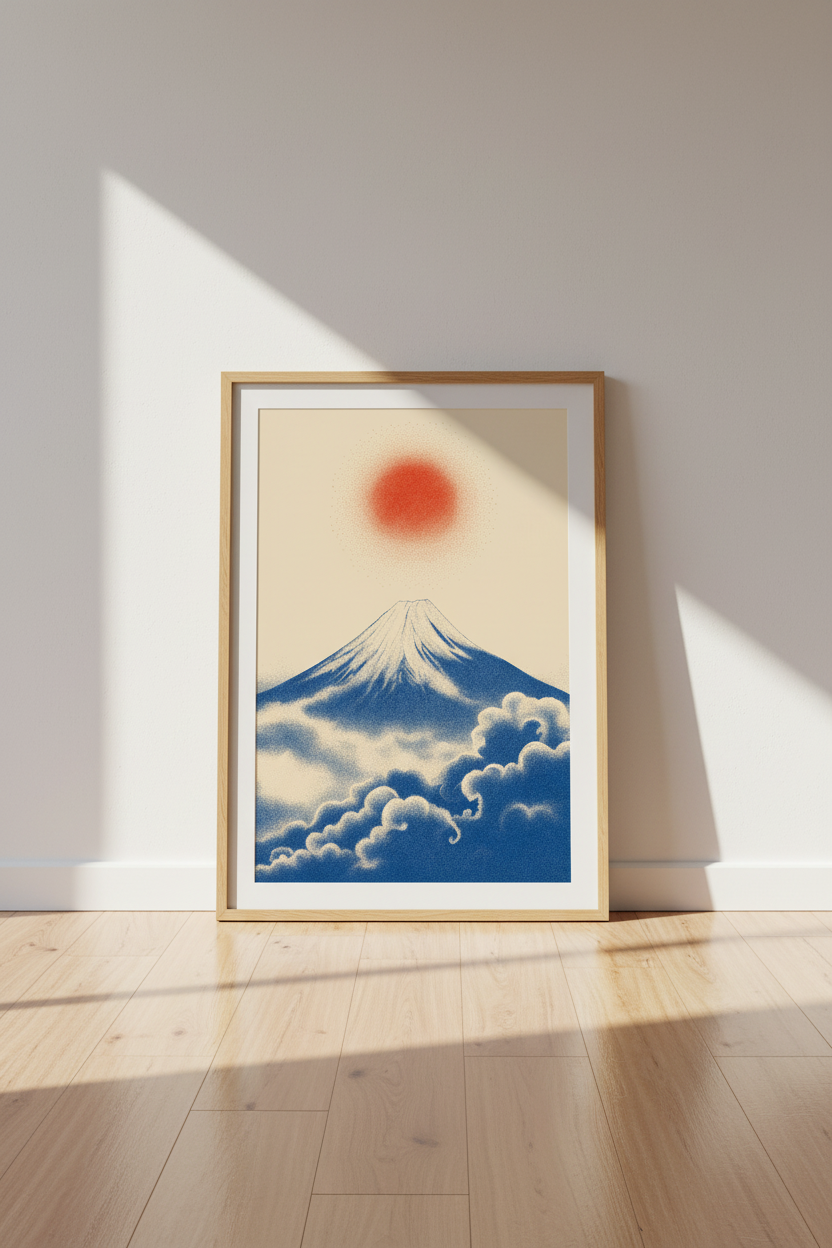 Mount Fuji Japanese Wall Art | Blue & Red Minimalist Print, Zen Living Room Decor
