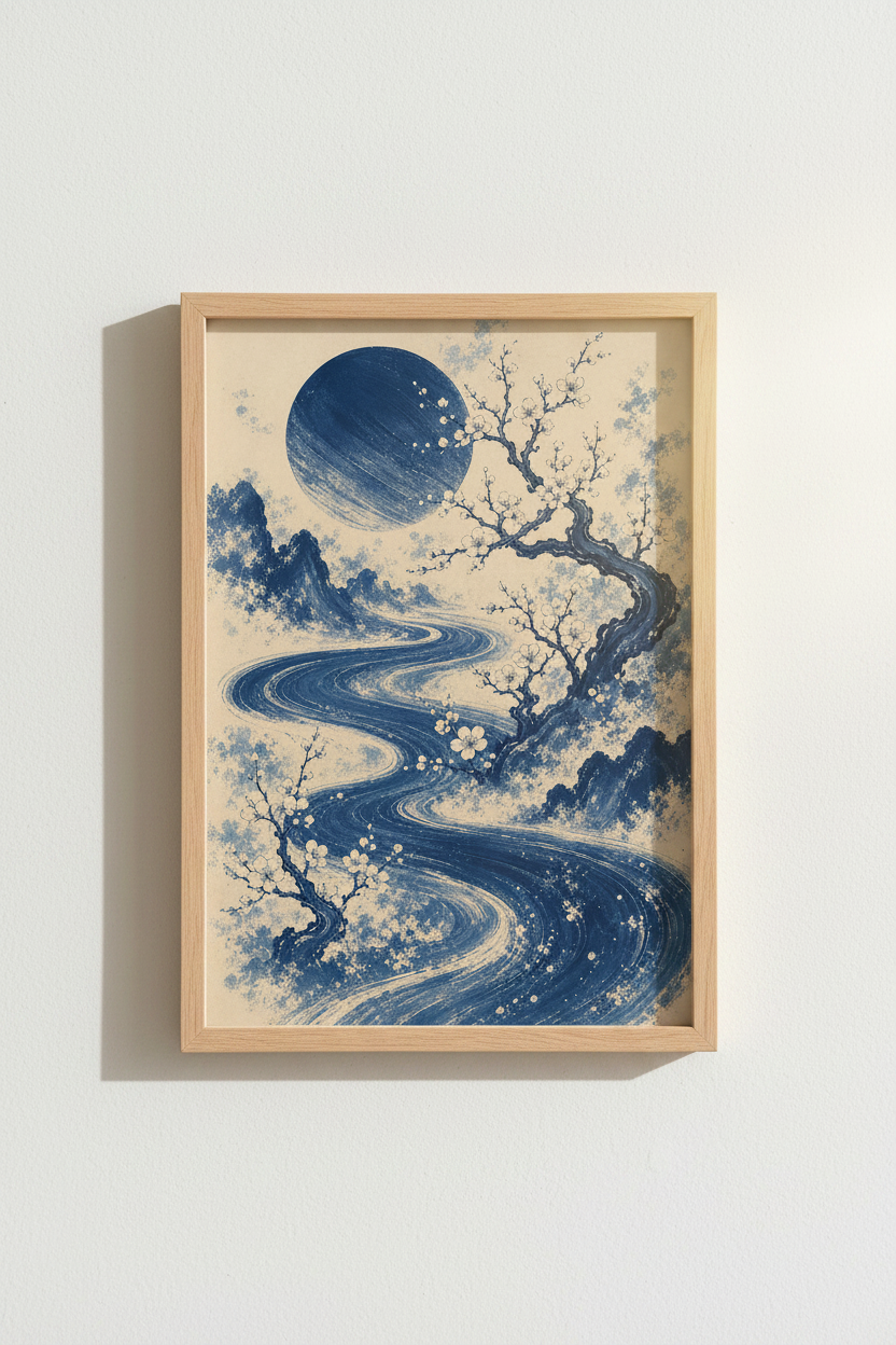 Japanese Landscape Print | Indigo Blue Ink Poster, Zen Mountain Wall Art