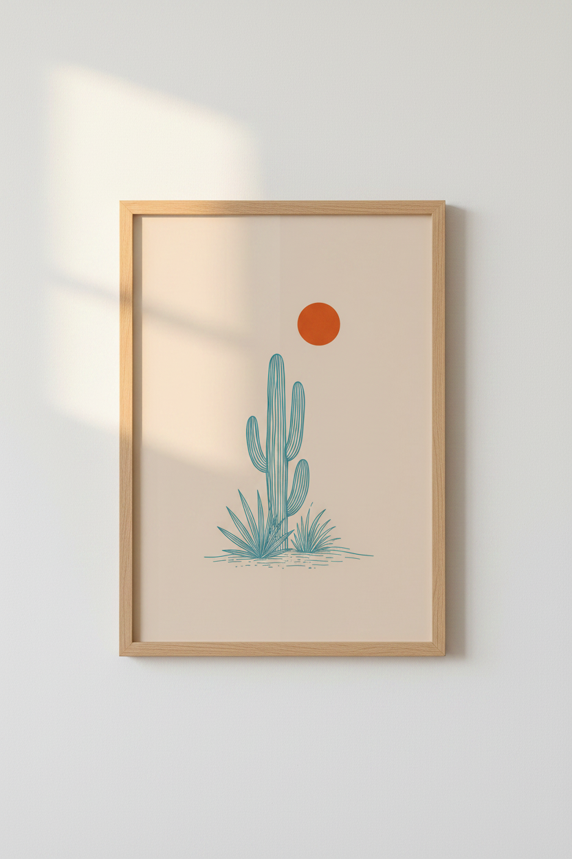Saguaro Cactus Art | Minimalist Blue Line Desert Poster, Boho Living Room Decor
