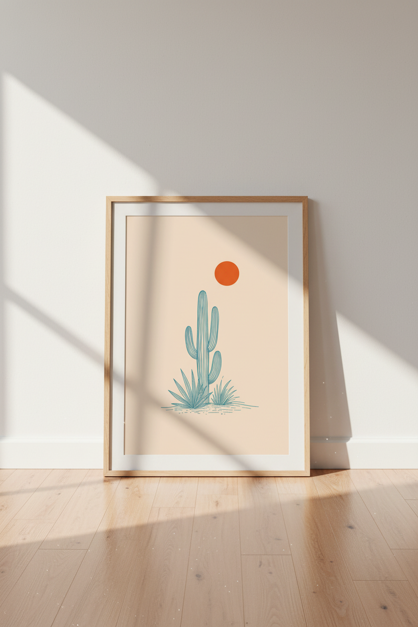 Saguaro Cactus Art | Minimalist Blue Line Desert Poster, Boho Living Room Decor