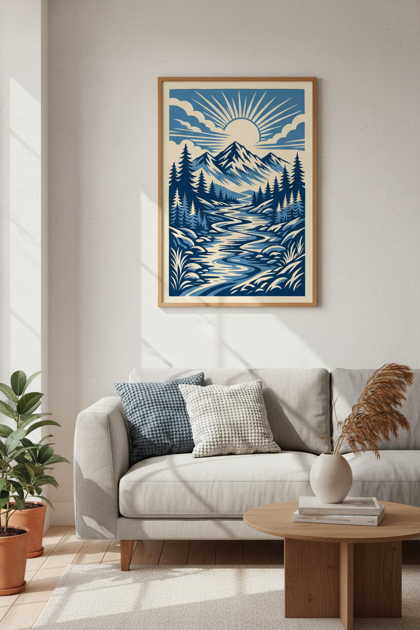 Blue Mountain Landscape Wall Art | Linocut Style Nature Print, Modern Cabin Decor Art