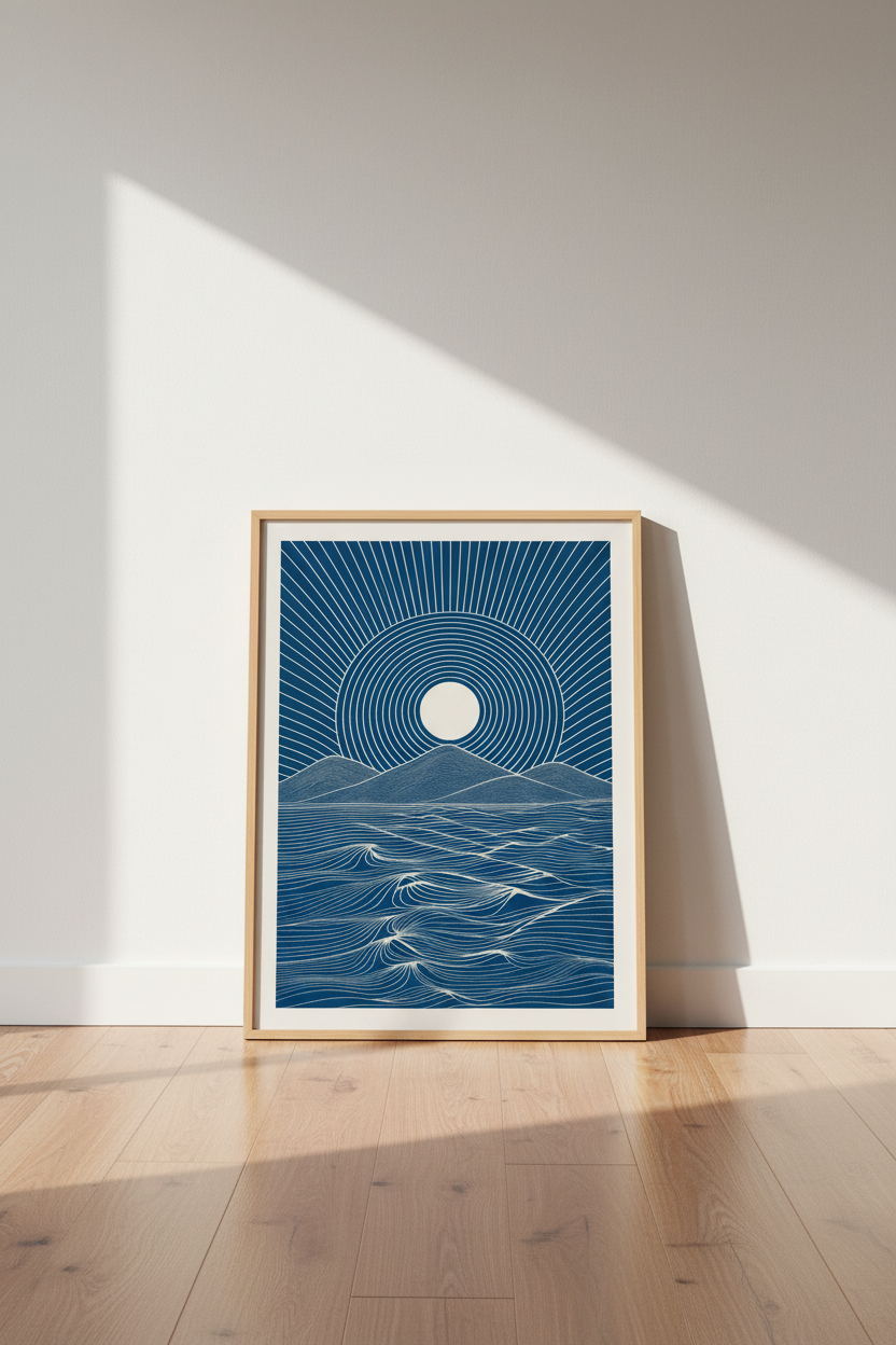 Boho Sun & Ocean Waves Wall Art | Navy Blue Landscape, Modern Coastal Poster