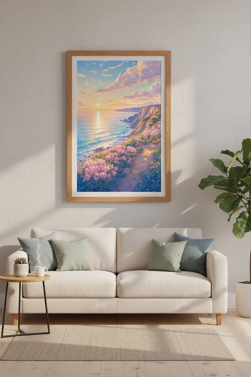Coastal Sunset Landscape Art | Pastel Pink Ocean & Flowers, Bedroom Wall Decor