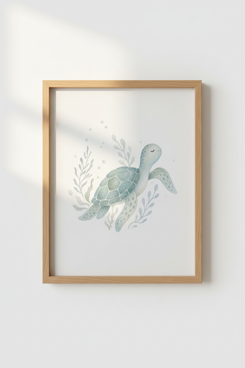 Watercolor Sea Turtle Wall Art Print | Nursery Decor | Coastal Blue Nursery Poster