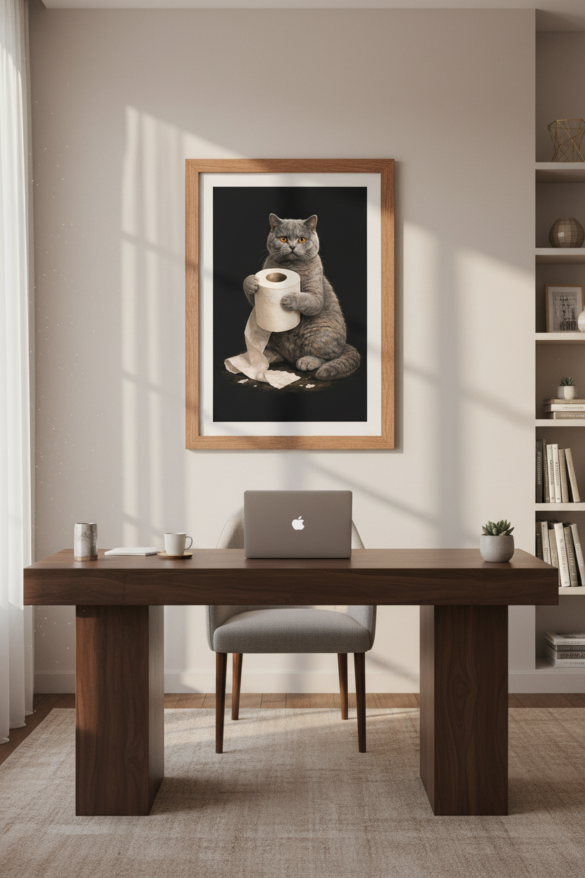 Humorous Cat Toilet Paper Wall Art Print | Bathroom Decor | Funny Pet Poster | British Shorthair Lover Gift