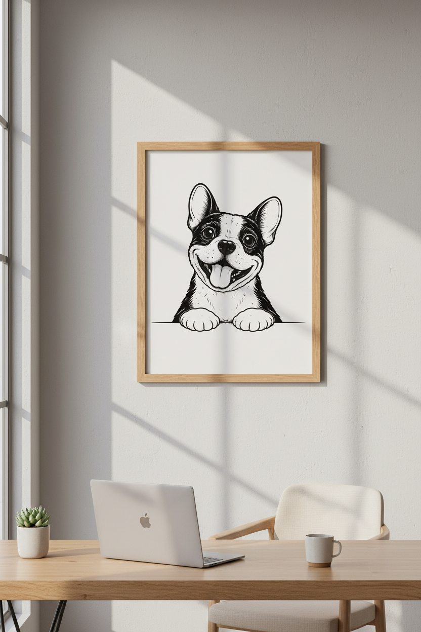 Minimalist French Bulldog Wall Art Print | Pet Themed Decor | Cute Bulldog Poster | Dog Lover Gift | Black & White Happy Puppy