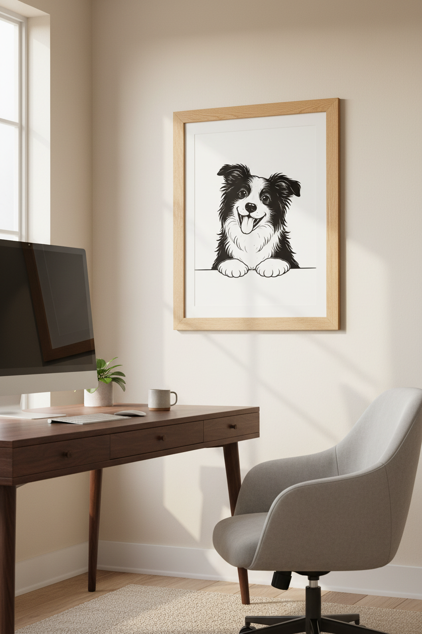 Cartoon Border Collie Wall Art Print | Dog Lover Decor | Cute Pet Poster | Nursery Playroom Art | Black White Animal Gift
