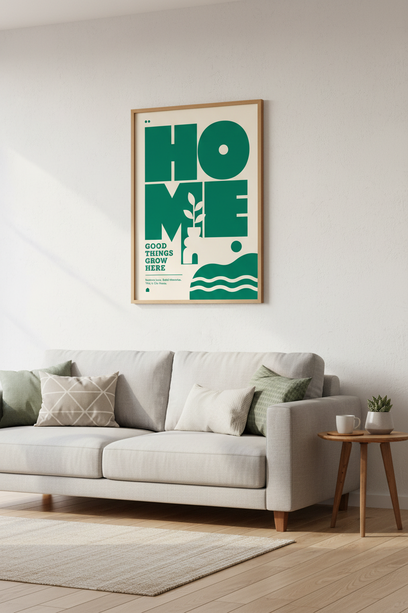 Home Typography Art Print | Green & Cream Minimalist Poster, Entryway Decor