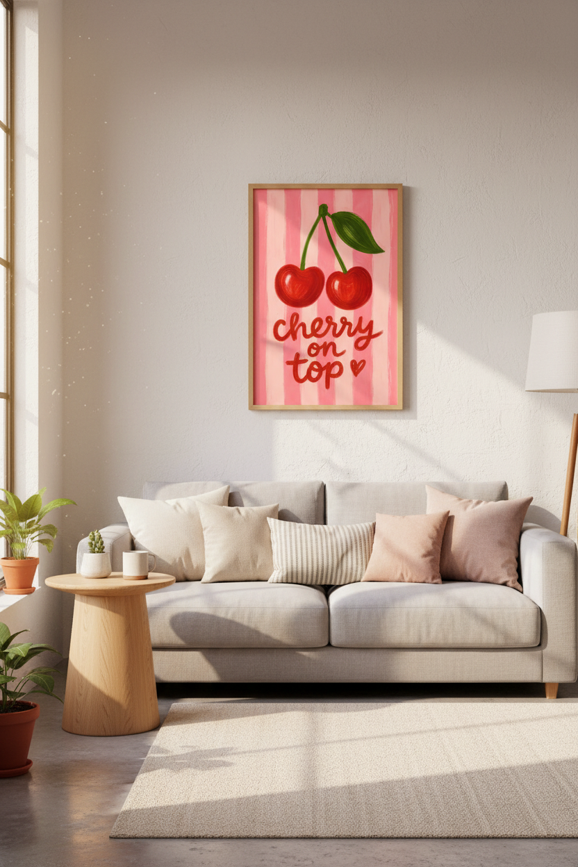Coquette Cherry Wall Art Print | Preppy Pink Poster | Trendy Girly Decor