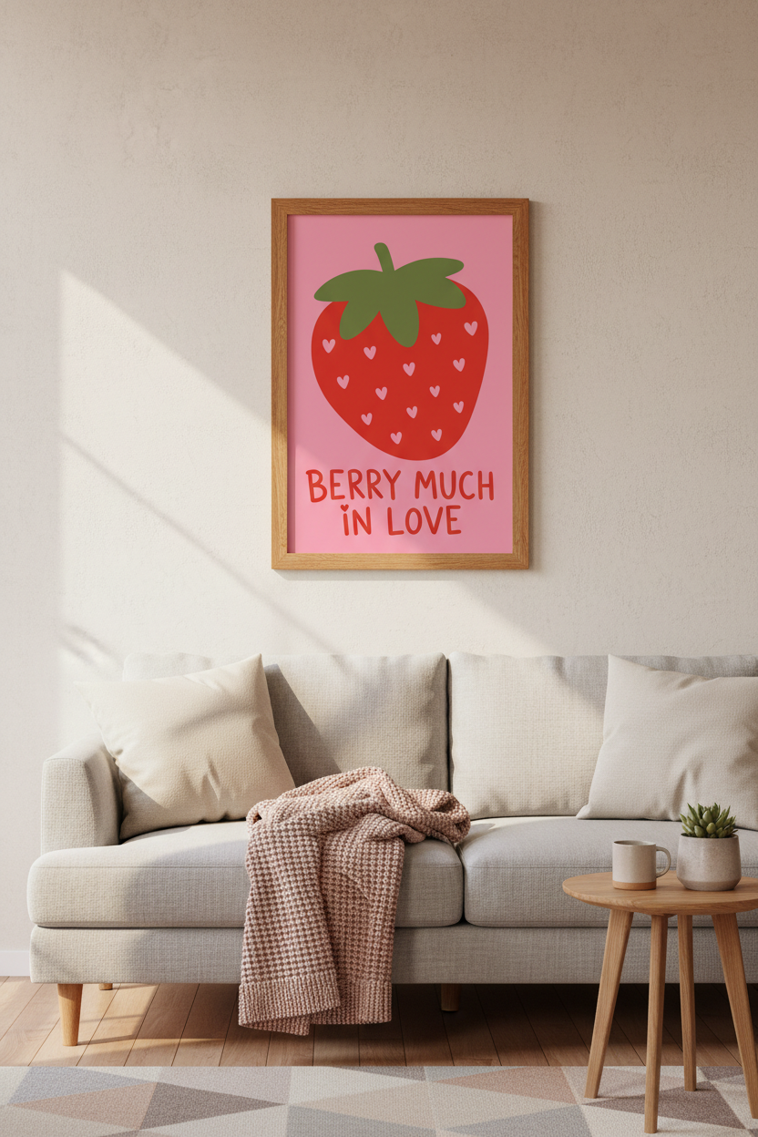 Berry Much In Love Strawberry Wall Art | Pink Kitchen Decor | Cute Aesthetic Poster