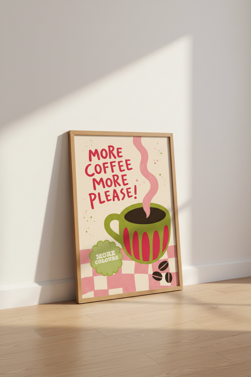 More Coffee More Please Art | Red & Green Retro Kitchen Poster, Coffee Station Decor