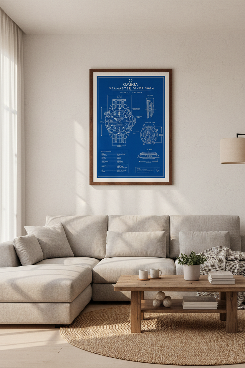Omega Seamaster Watch Blueprint Art | Navy Blue Technical Poster | Man Cave Decor