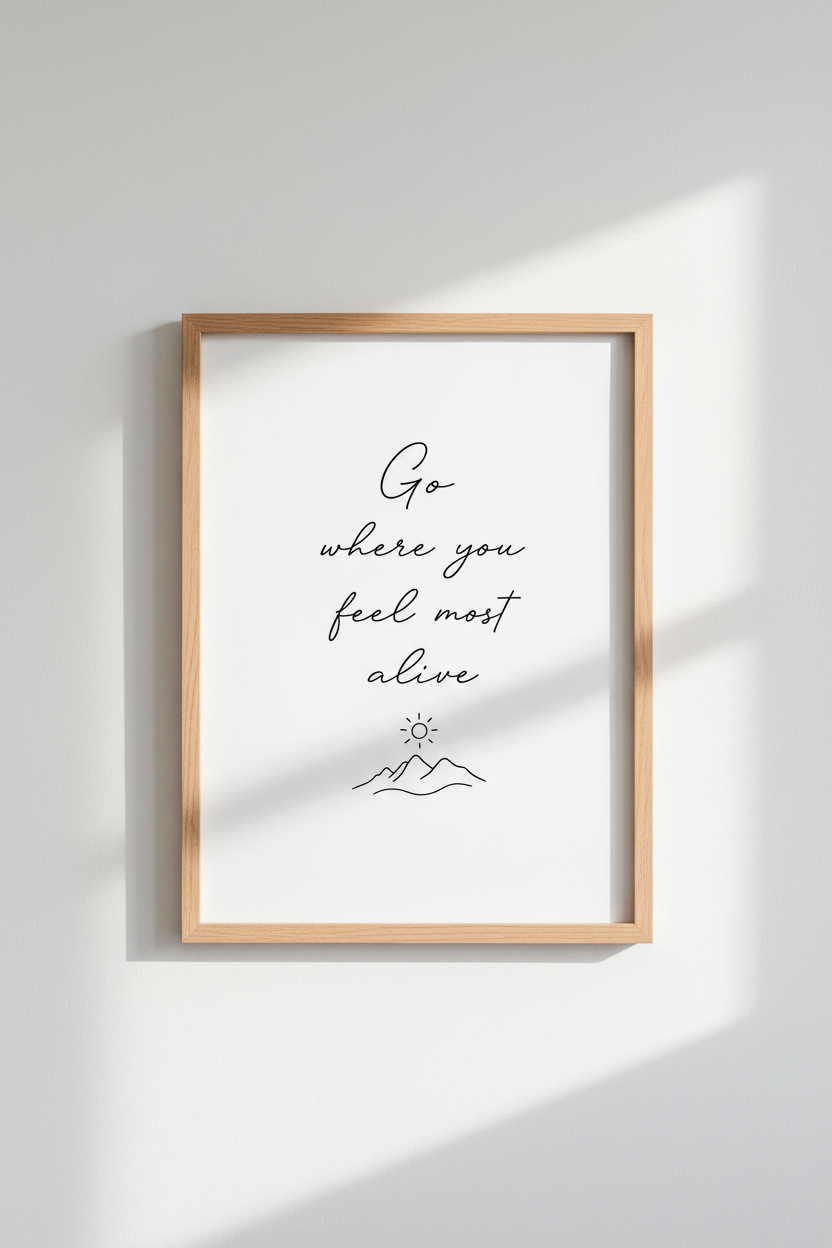 Go Where You Feel Most Alive Art | Minimalist Mountain Quote, Living Room Decor