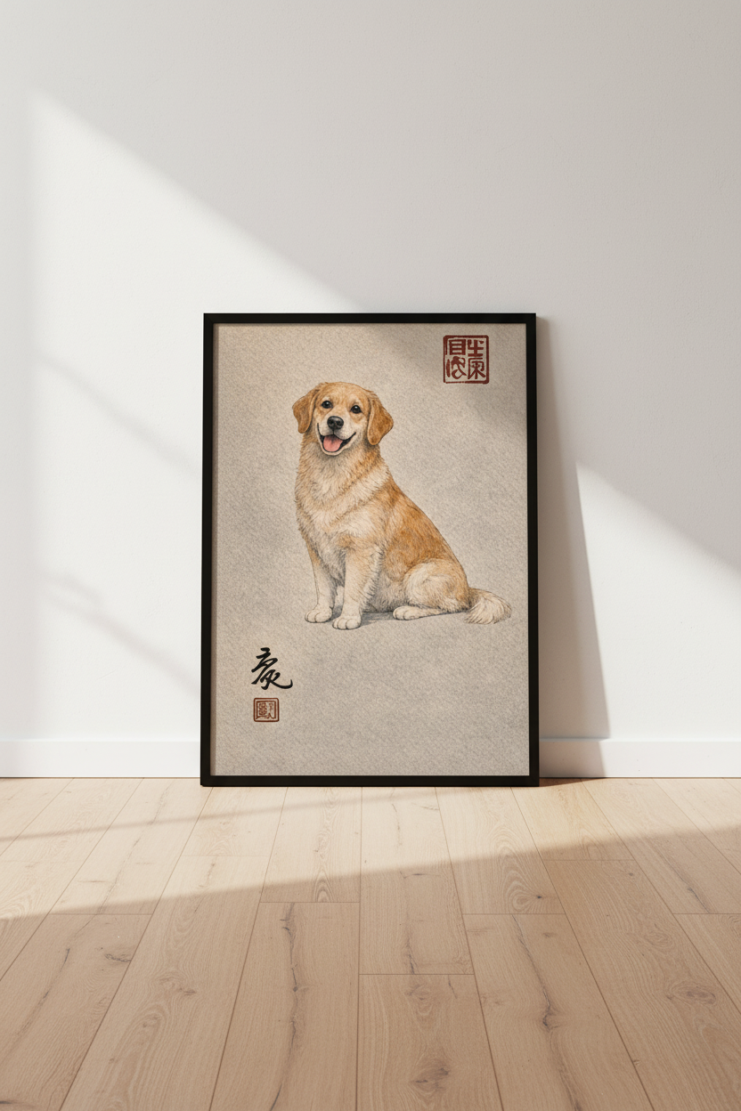 Golden Retriever Dog Wall Art Print | Pet Portrait Home Decor | Animal Lover Gift | Japanese Art Style Poster