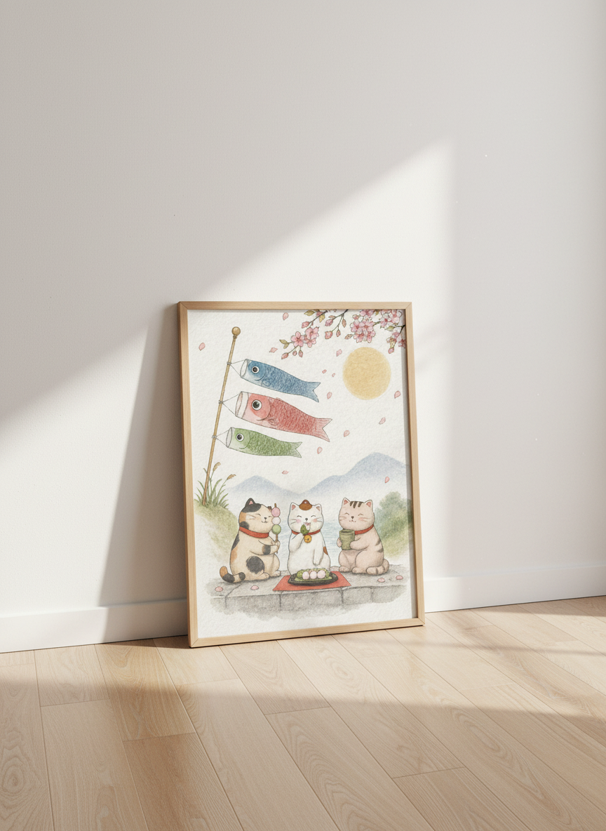 Kawaii Cat & Koinobori Art Print | Japanese Aesthetic Decor | Anime Style Wall Art