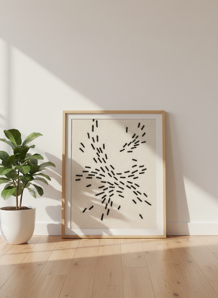 Abstract Boho Dash Line Art Print | Minimalist Mid-Century Modern Wall Decor | Beige Black Living Room Poster