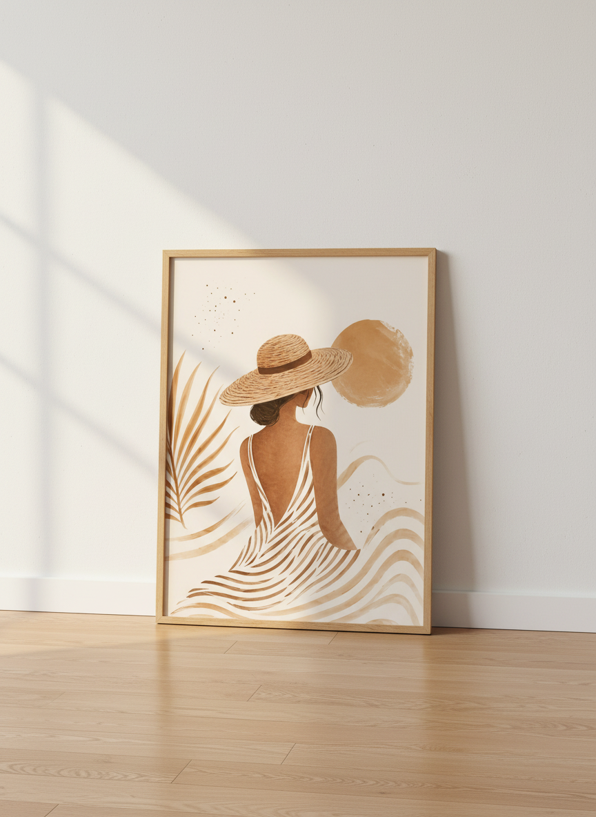 Boho Beach Woman Art | Minimalist Neutral Wall Decor | Coastal Aesthetic Poster Print