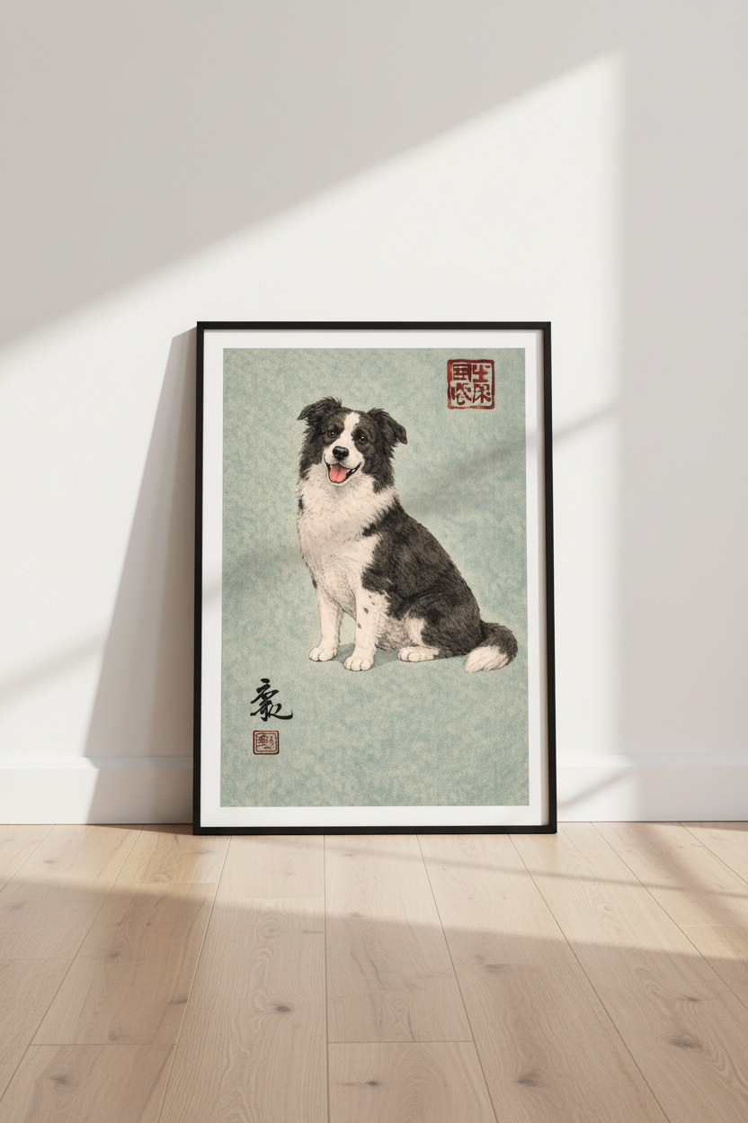 Japanese Ukiyo-e Border Collie Art Print | Dog Lover Gift | Pet Memorial Wall Decor | Asian Aesthetic Poster | Animal Home Art