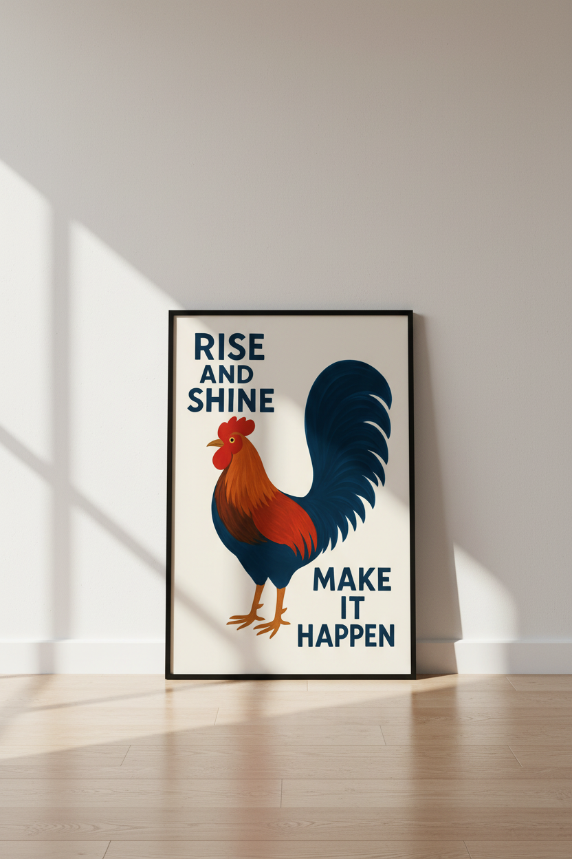Inspiring Folk Art Rooster Print | Farmhouse Kitchen Wall Decor | Empowering Rise & Shine Poster Art | Digital Download Option