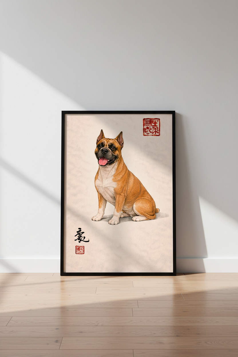 Boxer Dog Poster Print | Chinese Art Style Wall Hanging | Pet Portrait Dog Lover Gift | Unique Home Decor Wall Art