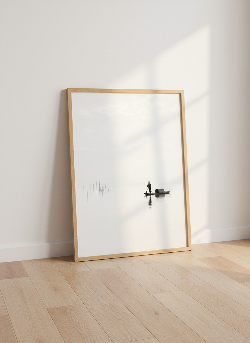 Minimalist Framed Art | Serene Asian Boatman Wall Decor | Zen Black and White Print | Calming Living Room Poster