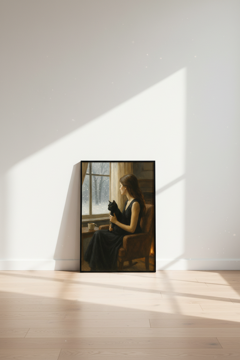 Cozy Winter Window Cat Wall Art Print | Living Room Decor | Dark Academia Aesthetic Poster | Woman and Pet Snow Scene