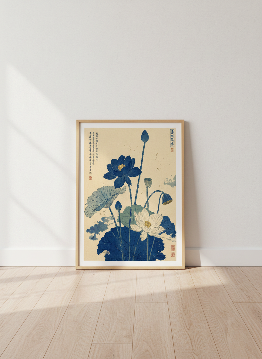 Zen Blue Lotus Flower Art Print | Japanese Aesthetic Wall Decor | Botanical Poster
