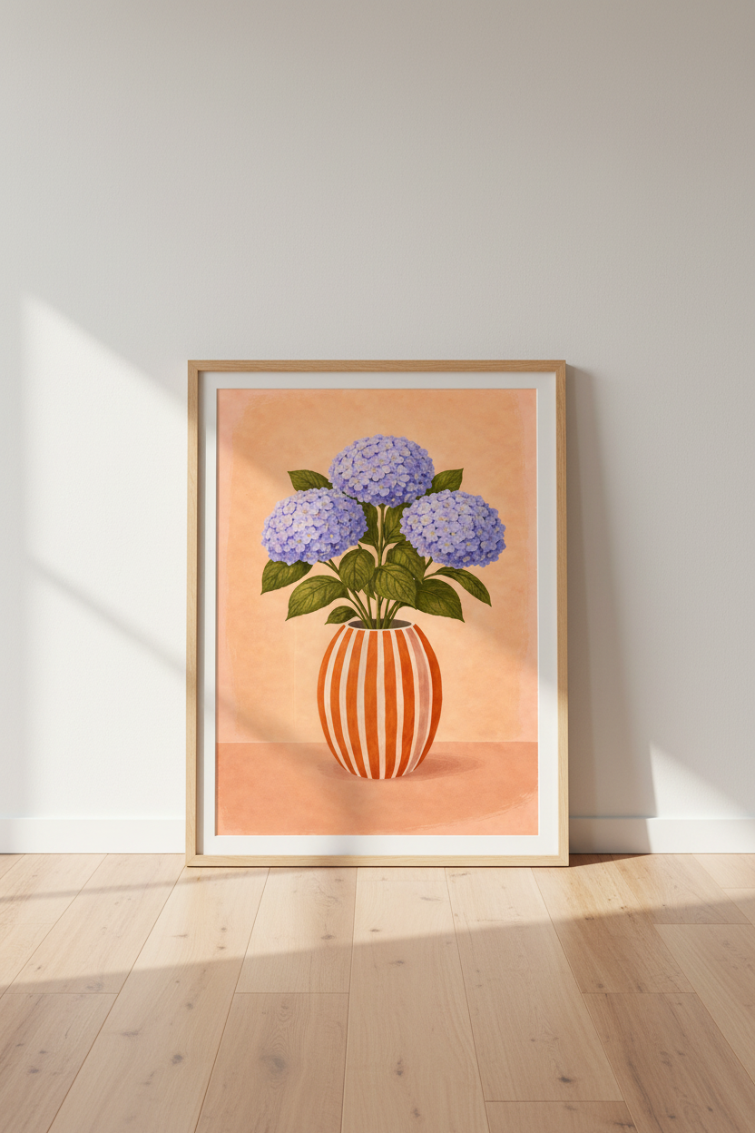 Botanical Hydrangea Wall Art Print | Boho Living Room Decor | Pastel Floral Framed Poster | Aesthetic Ready to Hang Art