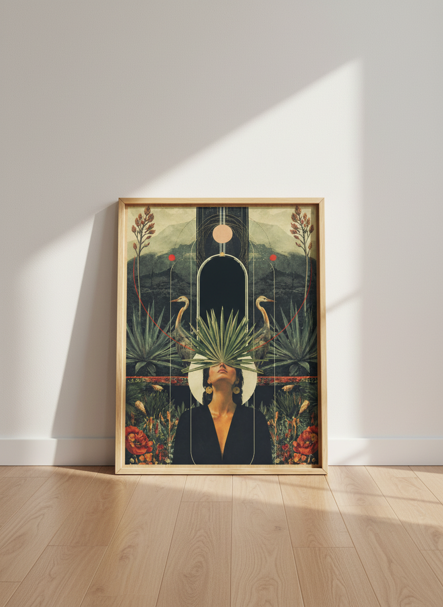Surreal Botanical Woman Wall Art Print | Boho Living Room Decor | Dark Aesthetic Collage Poster