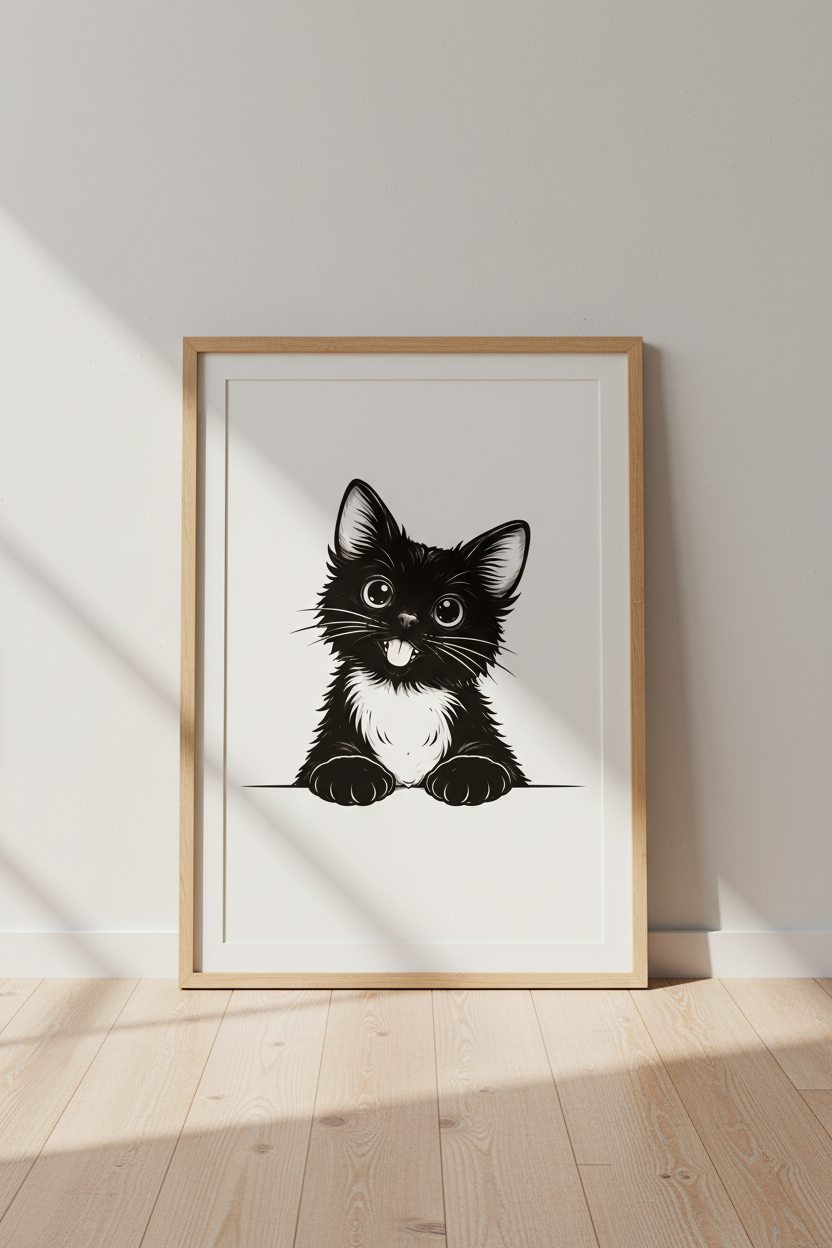 Cute Cartoon Black Cat Wall Art Print | Kids Room Decor | Whimsical Animal Poster | Playful Pet Lover Gift