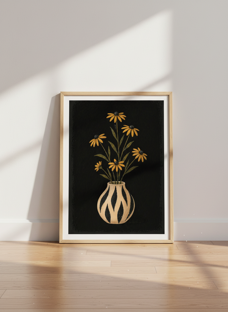 Bohemian Floral Wall Art Print | Mid-Century Modern Living Room Decor | Framed Black Eyed Susan Poster