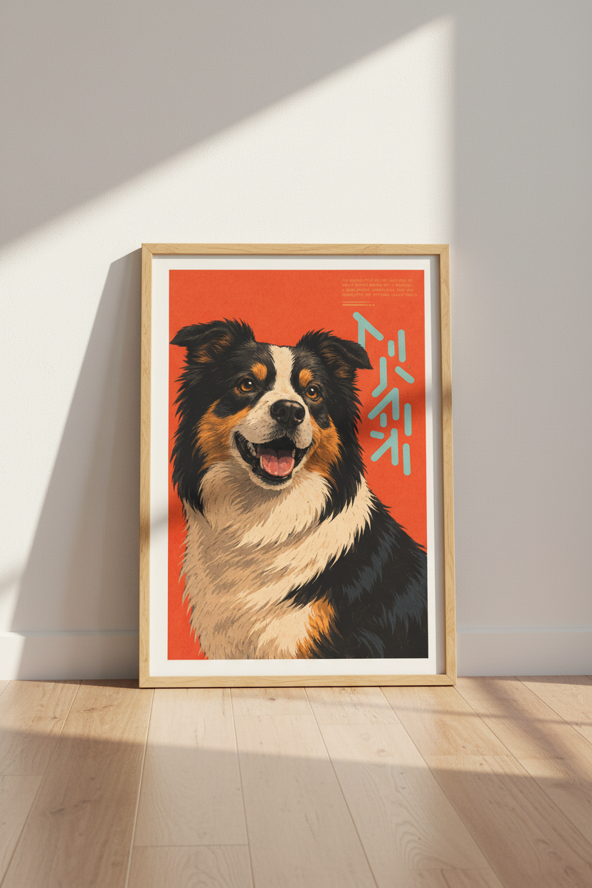 Retro Dog Wall Art Print | Happy Australian Shepherd Poster | Cute Dog Lover Decor | Mid Century Modern Framed Art