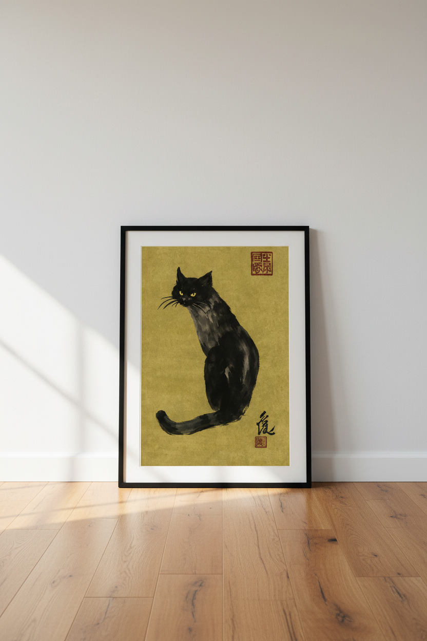 Black Cat Art Print, Japanese Sumi-e Ink Wash Painting, Gold Background, Zen Wall Art, Oriental Animal Home Decor, Framed Poster