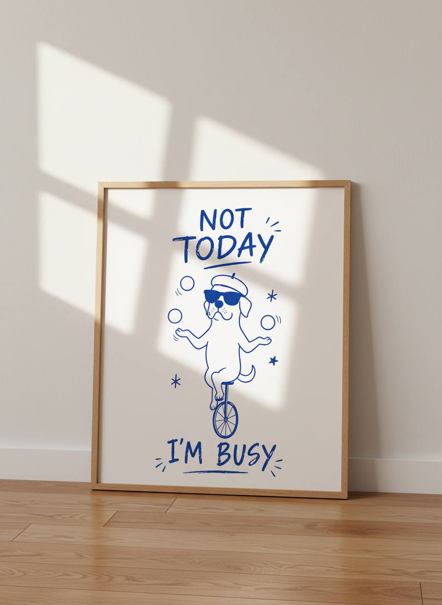 Funny Dog Busy Unicycle Juggling Print | Humorous Home Decor | Blue Line Art Poster