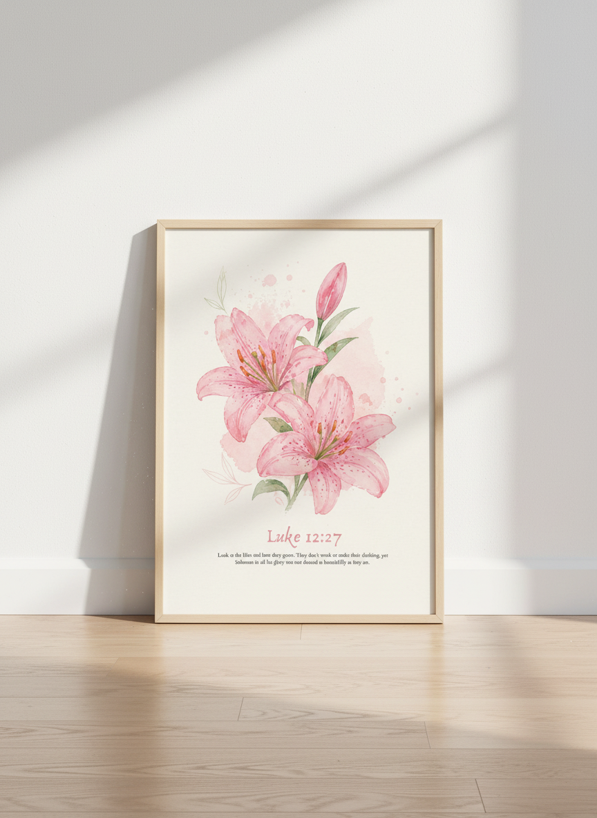 Pink Lily Watercolor Wall Art Print | Christian Bible Verse Decor | Botanical Poster