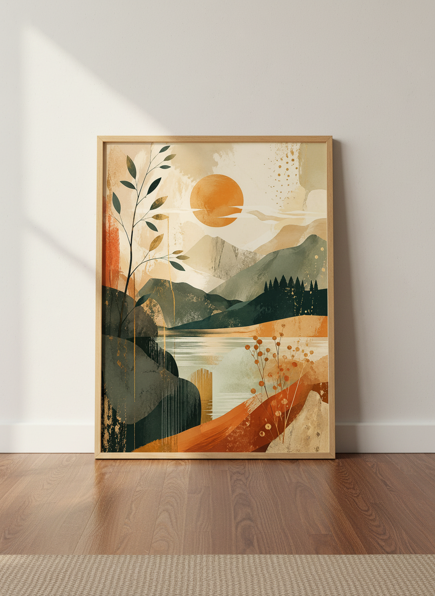 Abstract Mountain Lake Print | Boho Landscape Wall Art, Mid-Century Modern Decor