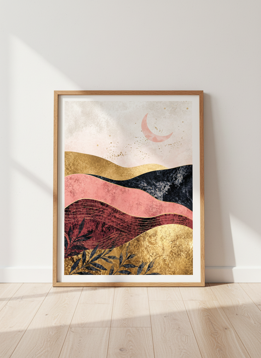 Abstract Gold Landscape Wall Art | Pink Crescent Moon Print, Boho Home Decor