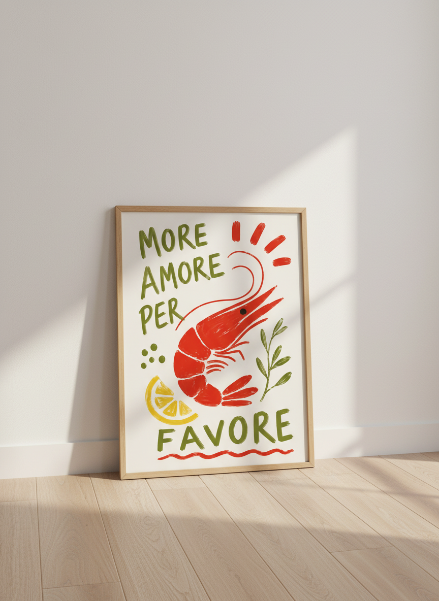 Shrimp Pasta Kitchen Wall Art Print | Italian Food Dining Room Decor | Brushstroke Poster