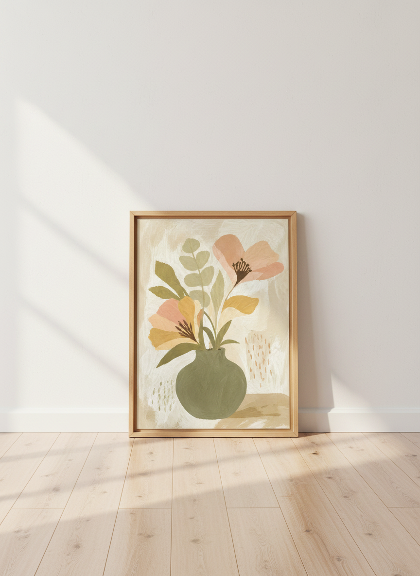 Minimalist Floral Still Life Wall Art | Sage Green Abstract Vase, Neutral Botanical Boho